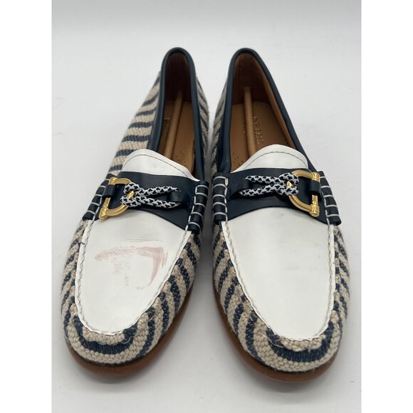 G.H. Bass Weejuns Womens Size 9 Loafers Blue & White Striped Woven With Gold Har - Picture 1 of 11